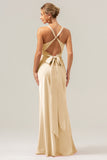 Pink Sheath V Neck Ruched Satin Long Bridesmaid Dress with Lace Up Back