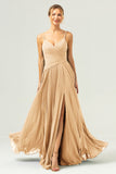Eucalyptus A-Line Spaghetti Straps Pleated Chiffon Bridesmaid Dress with Slit