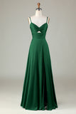 Keyhole Spaghetti Straps Dark Green Bridesmaid Dress with Slit