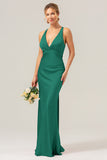 Dark Green Sheath V Neck Ruched Satin Long Bridesmaid Dress with Lace Up Back
