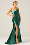 Dark Green Mermaid Corset Spaghetti Straps Pleated Long Ball Dress with Slit