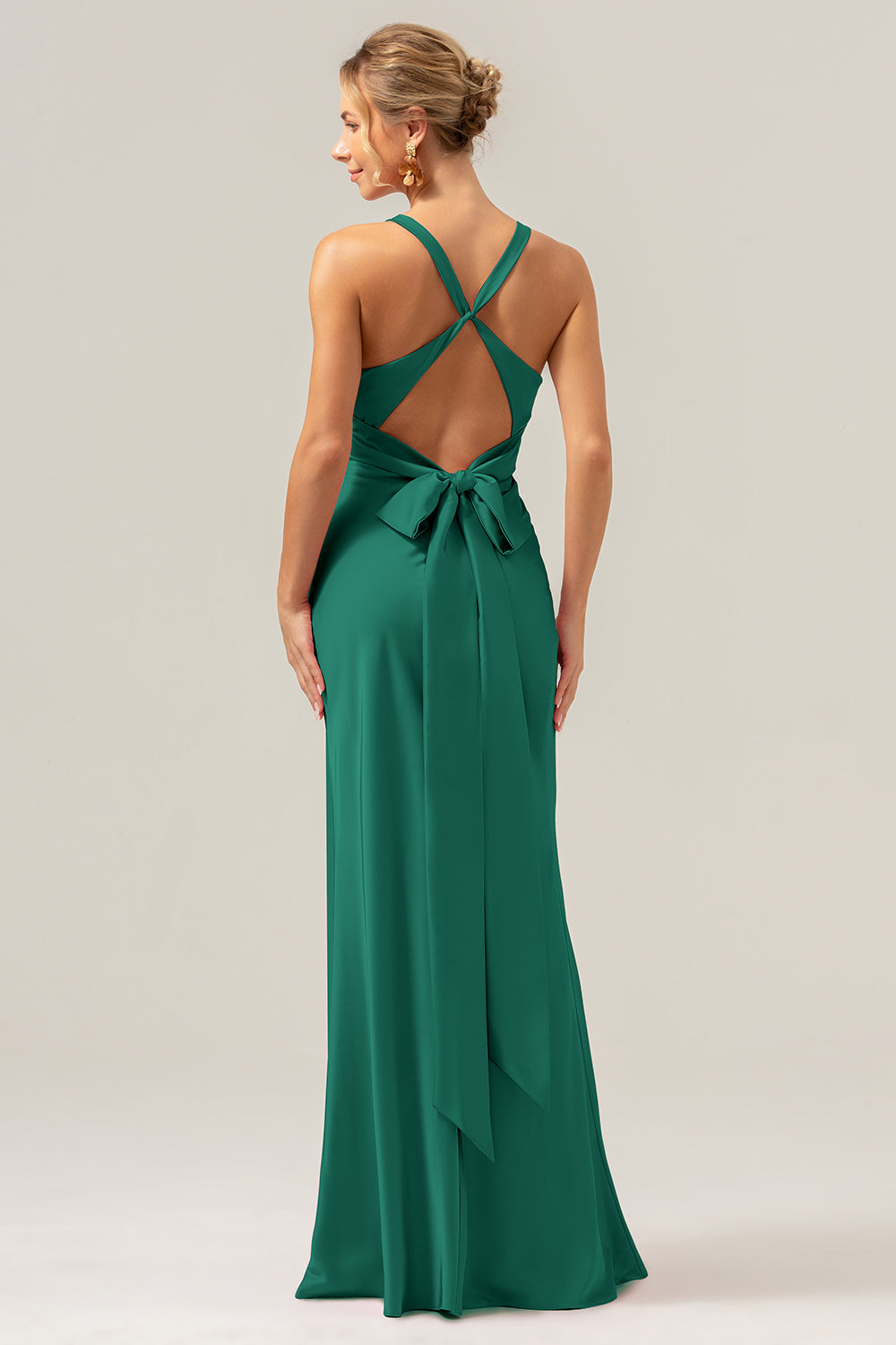Dark Green Sheath V Neck Ruched Satin Long Bridesmaid Dress with Lace Up Back