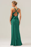 Dark Green Sheath V Neck Ruched Satin Long Bridesmaid Dress with Lace Up Back