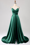 Burgundy A Line Spaghetti Straps Satin Ball Dress with Slit