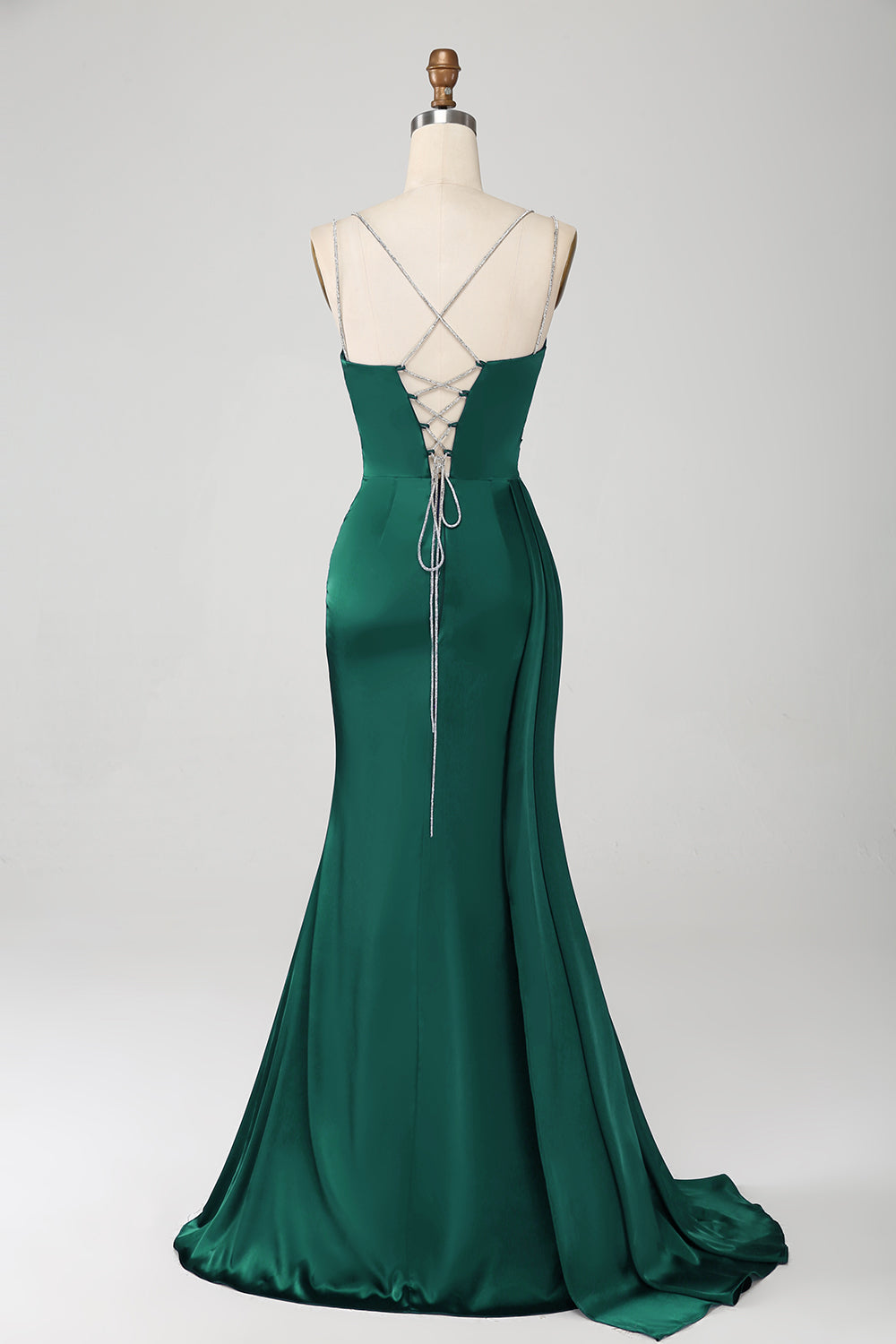 Navy Mermaid Spaghetti Straps Pleated Corset Long Ball Dress wth Slit
