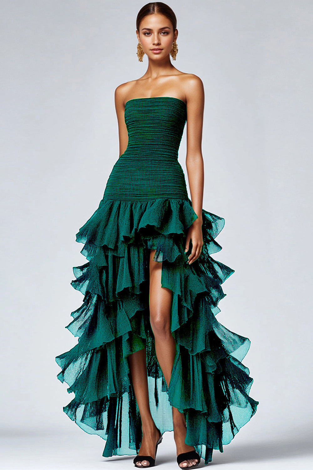 Strapless Black Tiered Ruffles Tulle Formal Dress