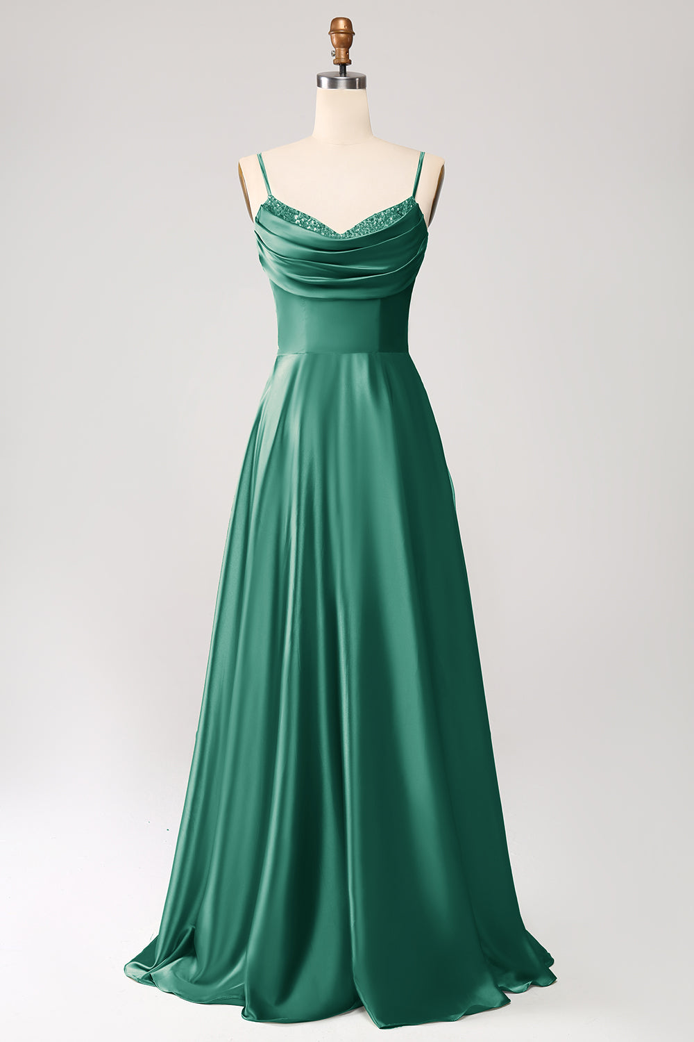 Dusty Sage A Line Cowl Neck Satin Long Ball Dress with Pleated