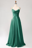 Dark Green A Line Cowl Neck Satin Long Ball Dress with Pleated