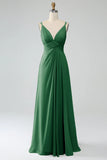 Dark Green A-Line Spaghetti Straps Pleated Chiffon Long Bridesmaid Dress