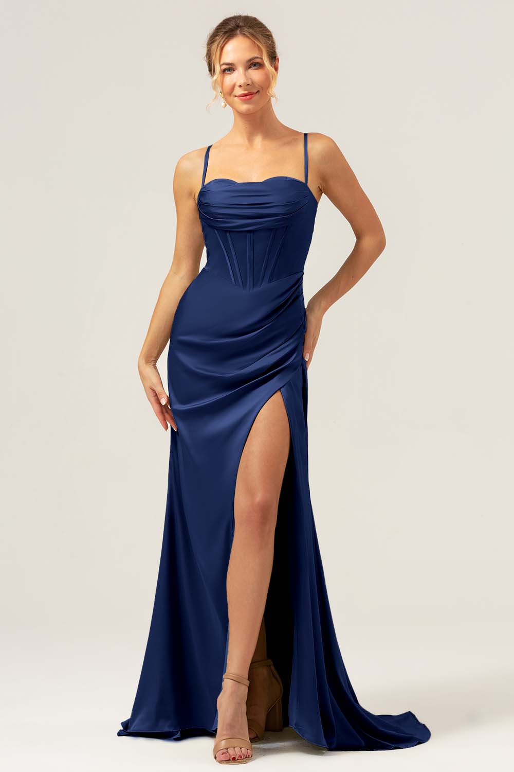 Dark Navy Mermaid Spaghetti Straps Corset Satin Bridesmaid Dress with Slit
