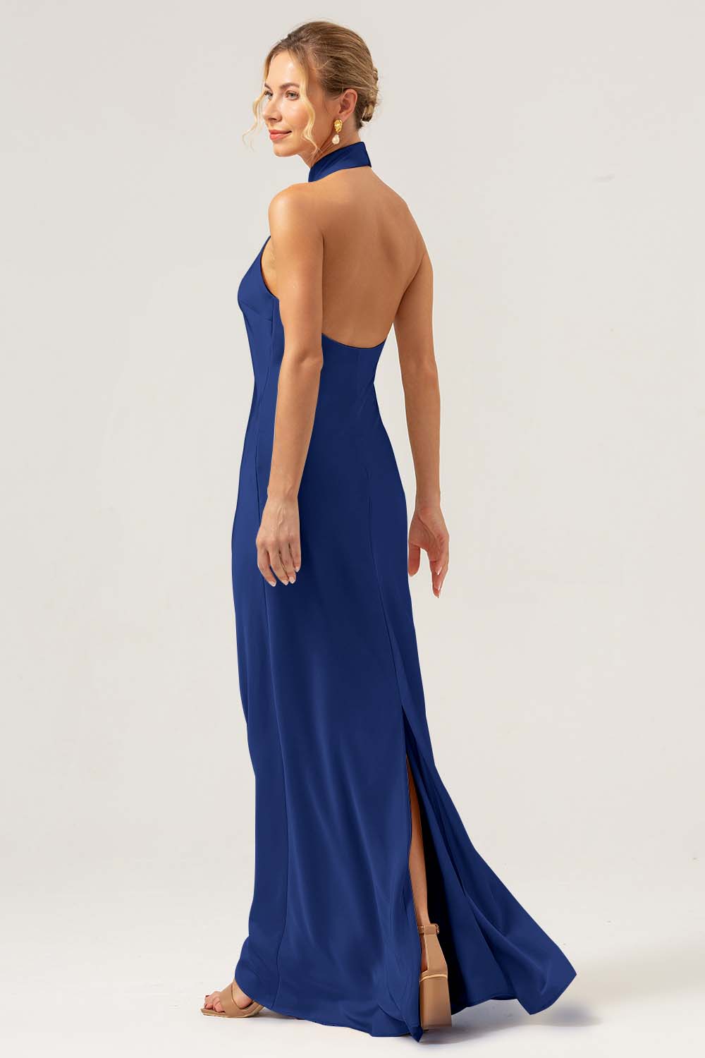 Dark Navy Sheath Halter Long Bridesmaid Dress With Slit
