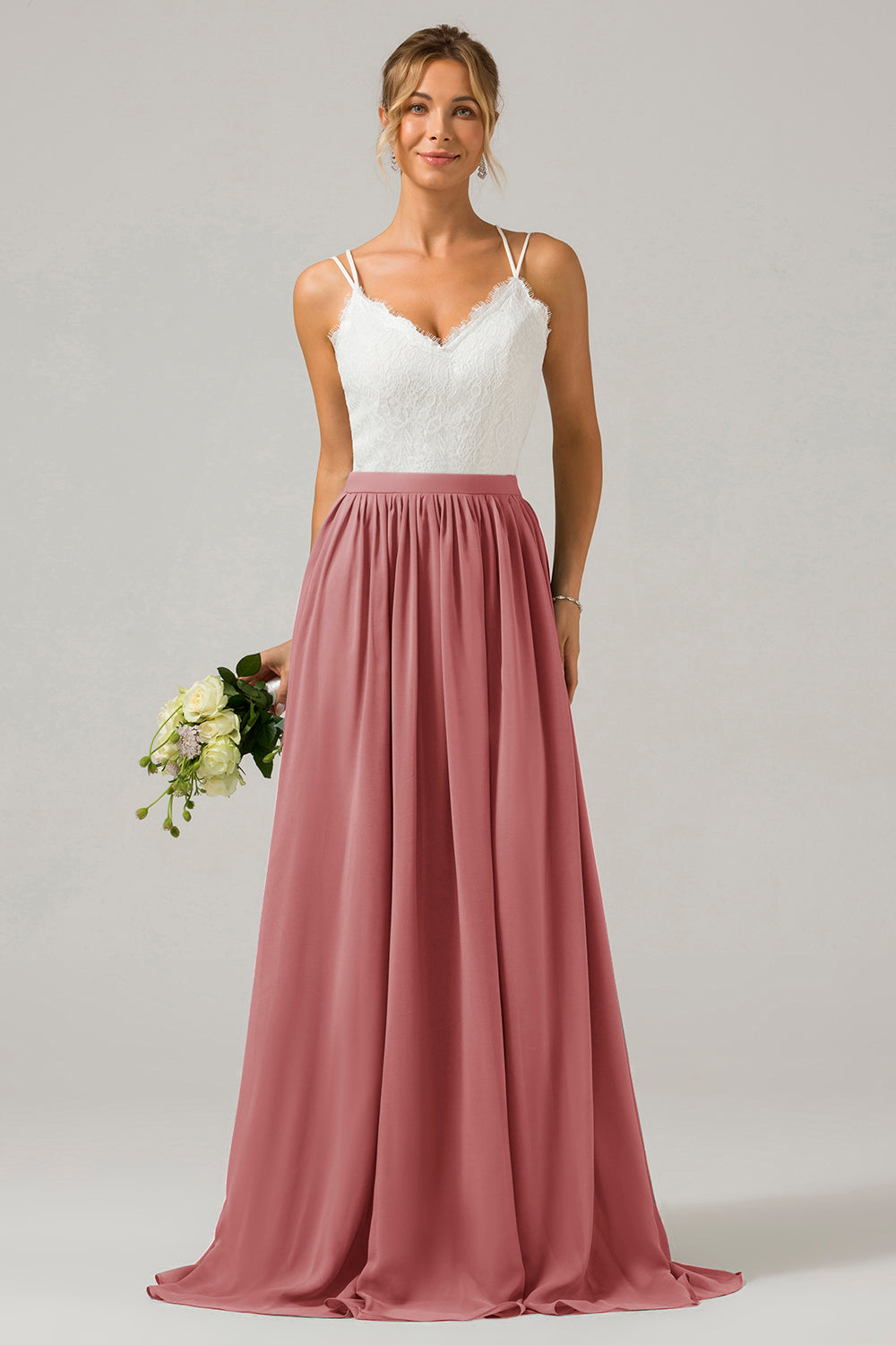 Cabernet Open Back Boho Chiffon Long Bridesmaid Dress with Lace