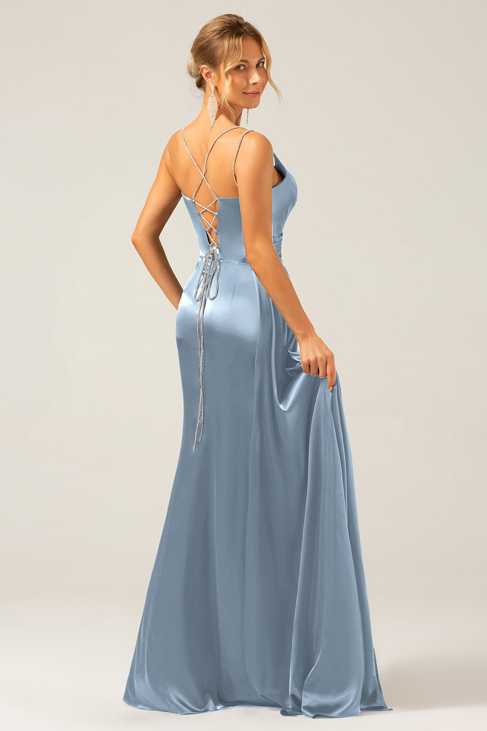 Black Mermaid Corset Spaghetti Straps Pleated Long Ball Dress with Slit