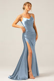 Black Mermaid Corset Spaghetti Straps Pleated Long Ball Dress with Slit