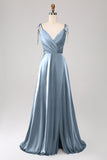 Simple Dark Green Spaghetti Straps Ruched Ball Dress with Slit