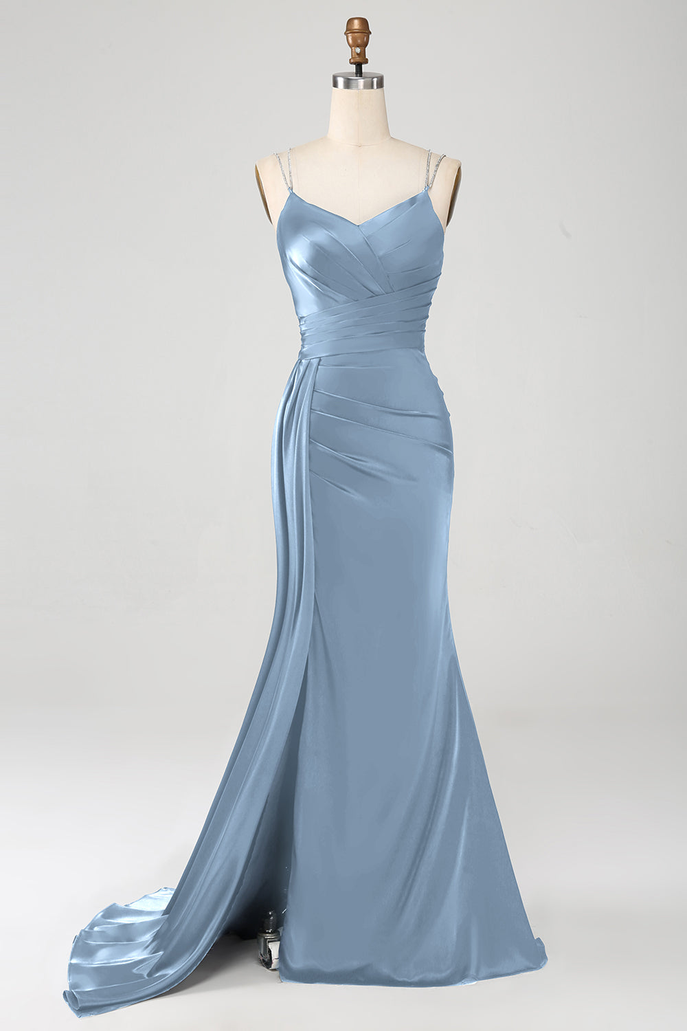 Navy Mermaid Spaghetti Straps Pleated Corset Long Ball Dress wth Slit