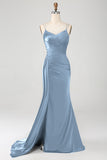 Navy Mermaid Spaghetti Straps Pleated Corset Long Ball Dress wth Slit