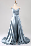 Royal Blue A Line Spaghetti Straps Satin Ball Dress with Slit