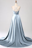 Royal Blue A Line Spaghetti Straps Satin Ball Dress with Slit