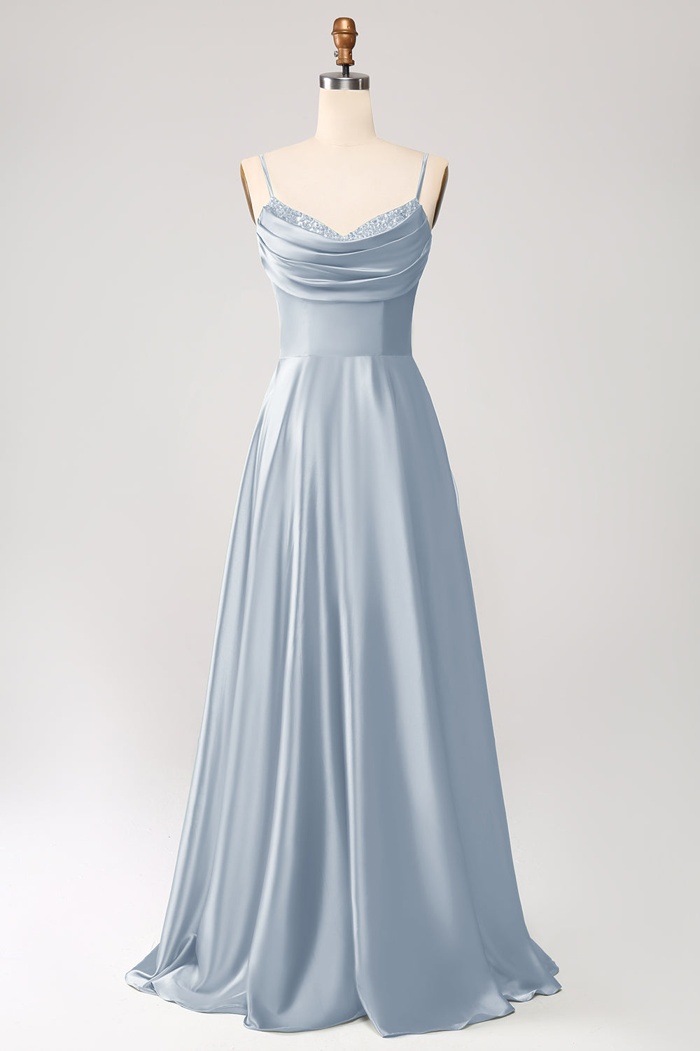 Dusty Sage A Line Cowl Neck Satin Long Ball Dress with Pleated