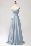 Dusty Sage A Line Cowl Neck Satin Long Ball Dress with Pleated