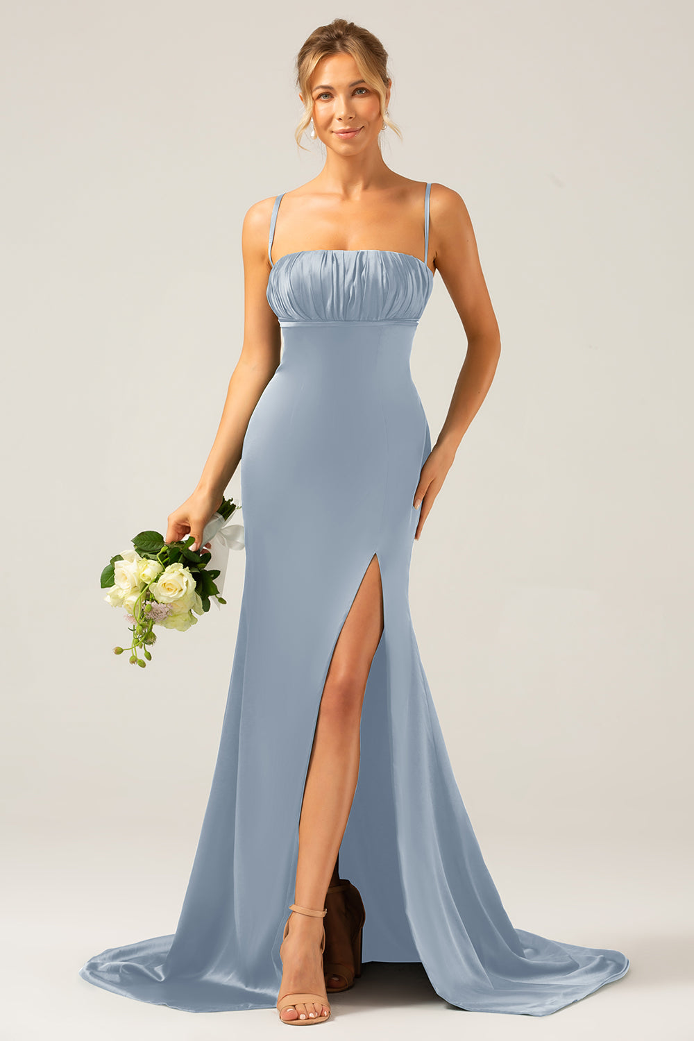 Black Mermaid Spaghetti Straps Satin Pleated Ball Dress