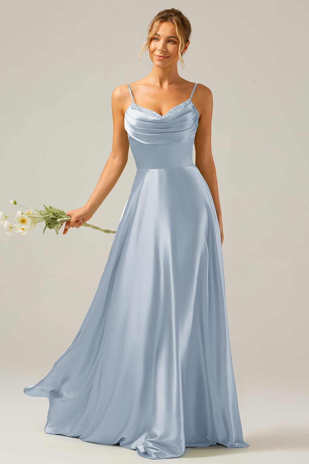 Dusty Sage A Line Cowl Neck Satin Pleated Long Ball Dress