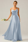 Dusty Sage A Line Cowl Neck Satin Pleated Long Ball Dress