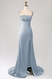 Dark Green Mermaid Spaghetti Straps Satin Ball Dress with Pleated