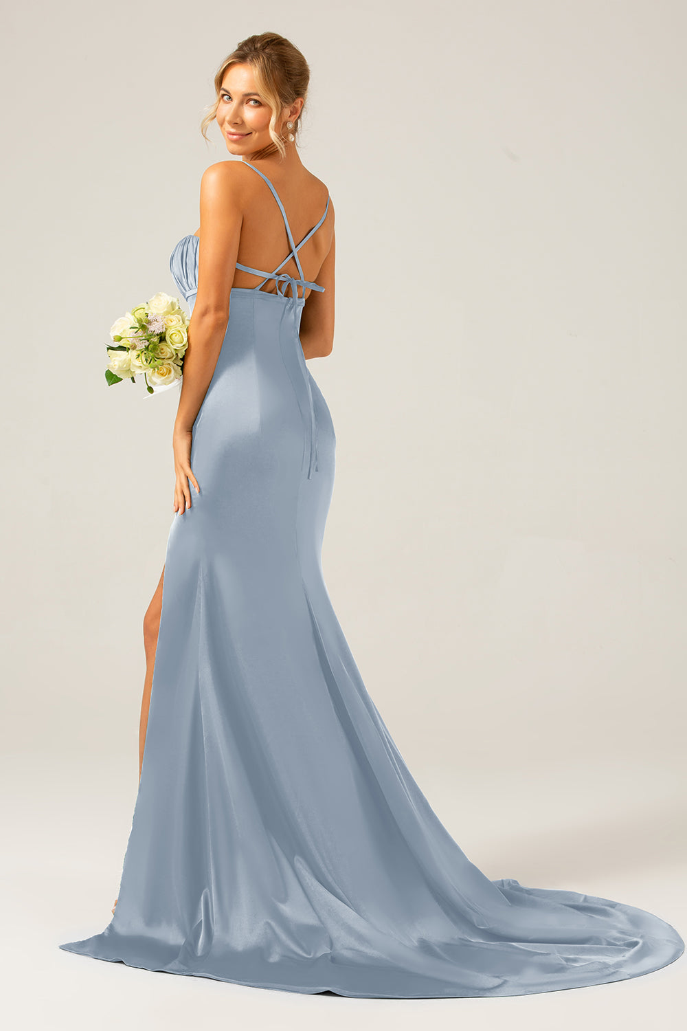 Dusty Sage Mermaid Spaghetti Straps Satin Pleated Ball Dress