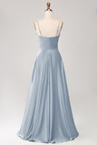Dusty Sage A Line Cowl Neck Satin Long Ball Dress with Pleated