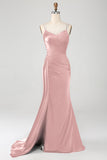 Navy Mermaid Spaghetti Straps Corset Pleated Long Ball Dress with Slit