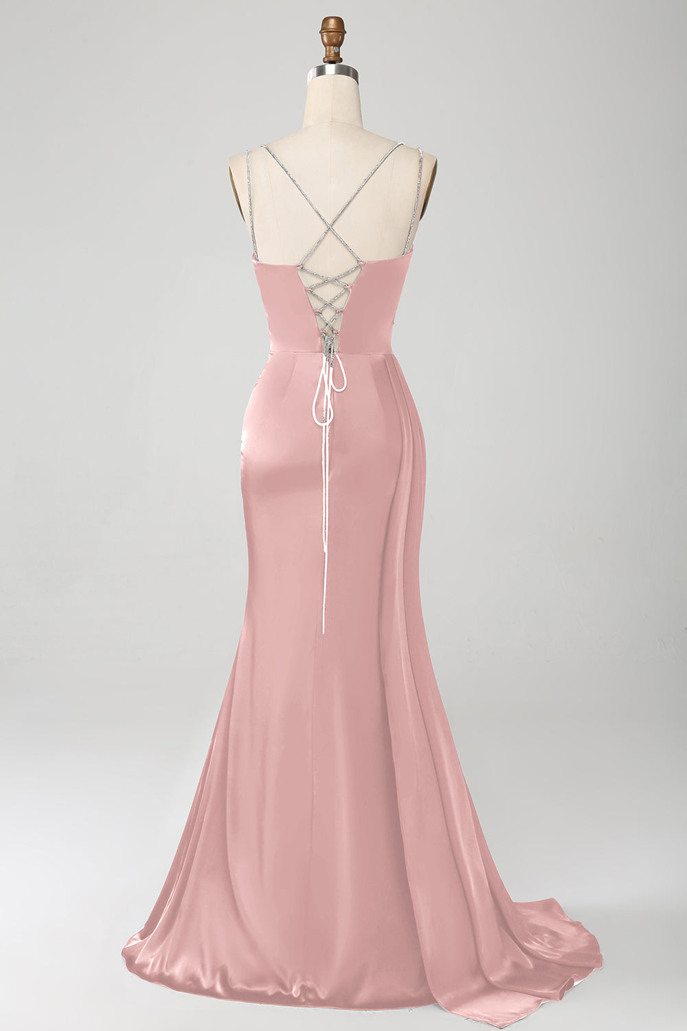 Navy Mermaid Spaghetti Straps Corset Pleated Long Ball Dress with Slit