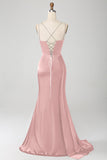 Navy Mermaid Spaghetti Straps Corset Pleated Long Ball Dress with Slit