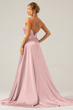 Burgundy Satin A Line Spaghetti Straps Ball Dress with Slit