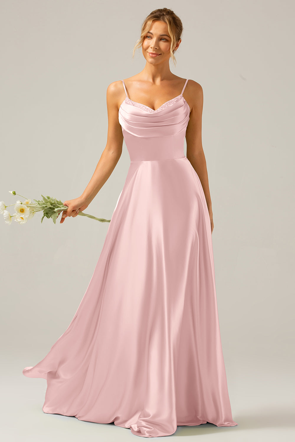 Dark Green A Line Cowl Neck Satin Pleated Long Ball Dress