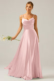 Dark Green A Line Cowl Neck Satin Pleated Long Ball Dress