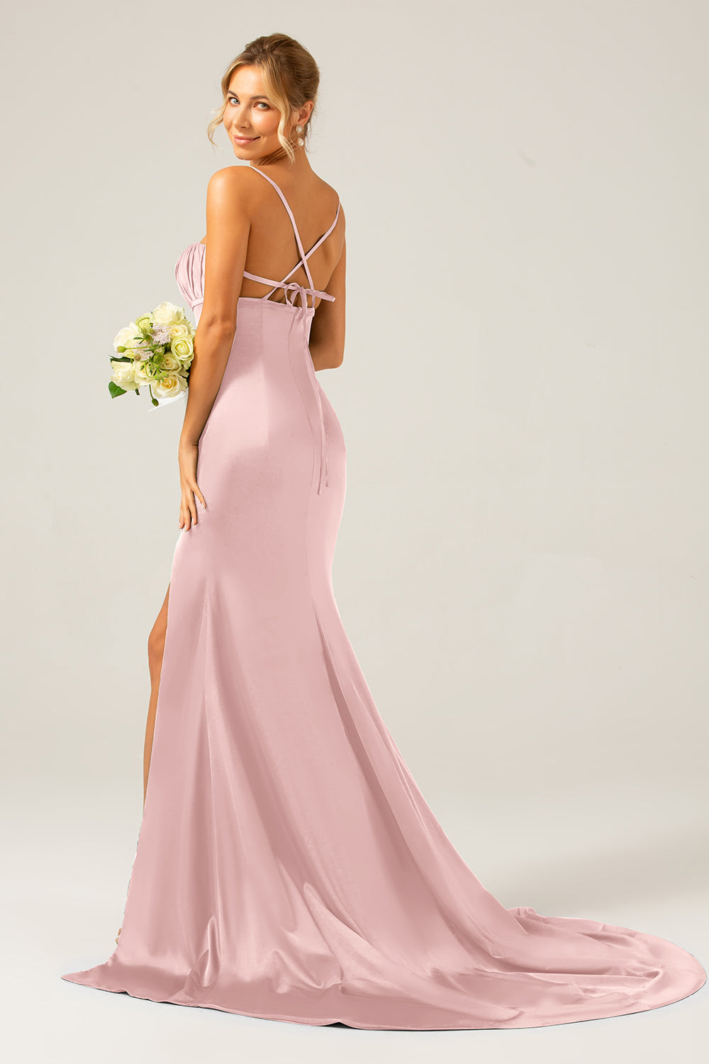 Black Mermaid Spaghetti Straps Satin Pleated Ball Dress