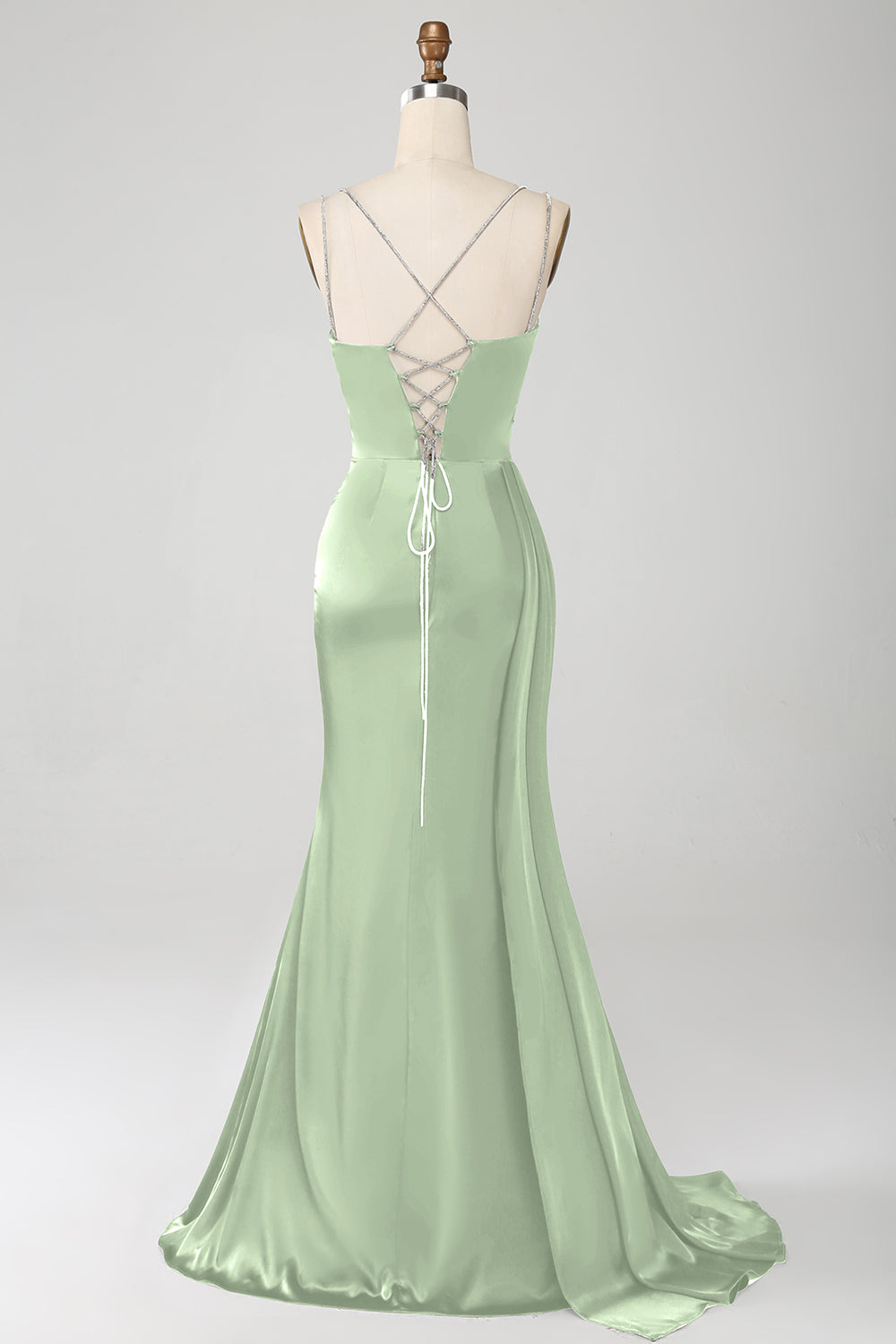 Navy Mermaid Spaghetti Straps Corset Pleated Long Ball Dress with Slit