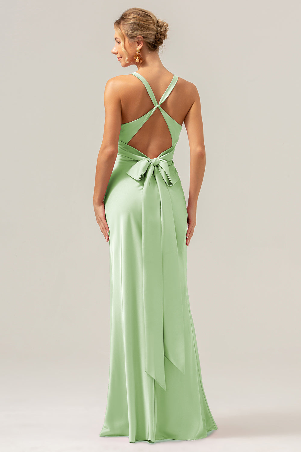 Pink Sheath V Neck Ruched Satin Long Bridesmaid Dress with Lace Up Back