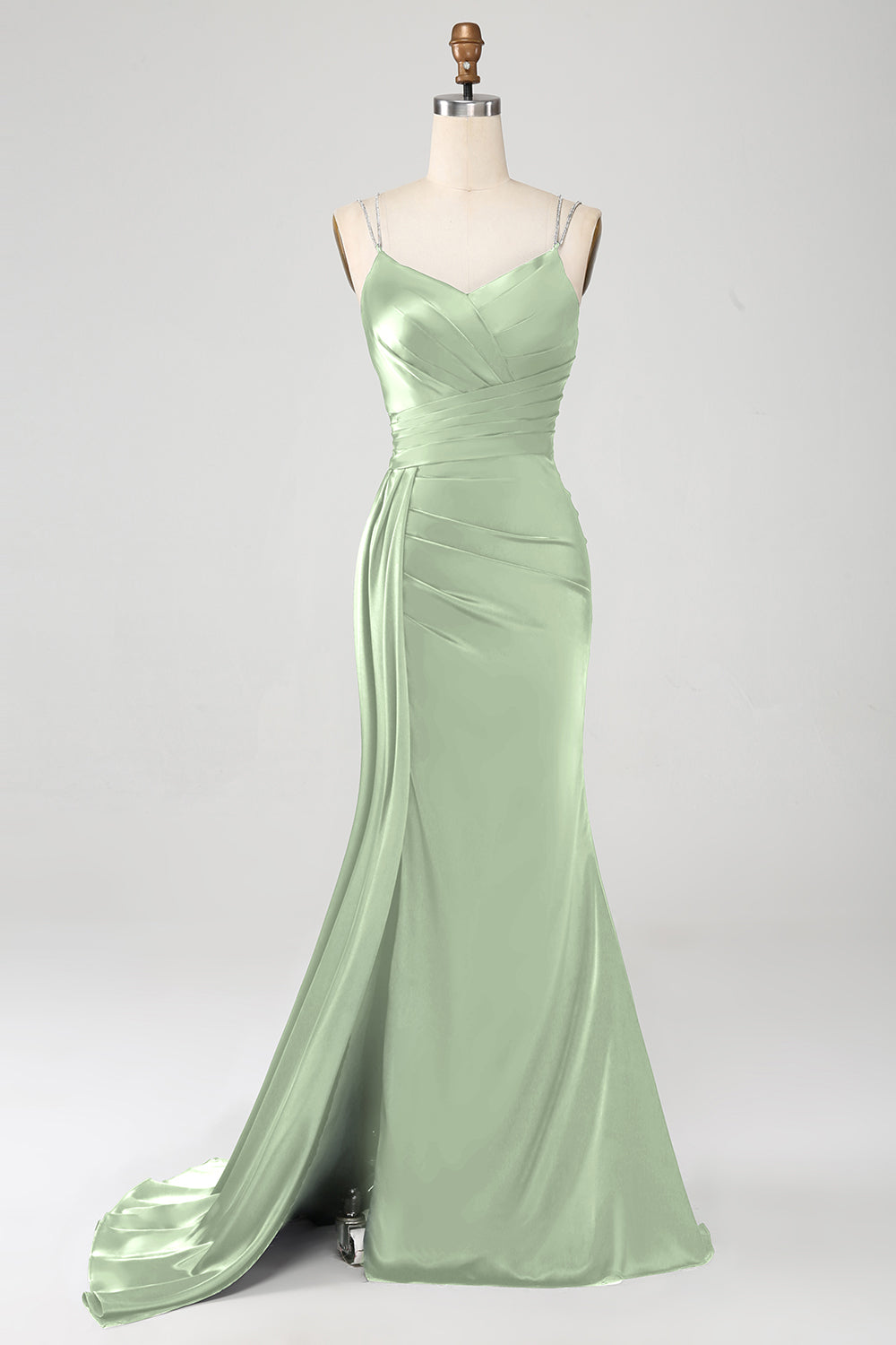 Navy Mermaid Spaghetti Straps Corset Pleated Long Ball Dress with Slit