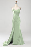 Navy Mermaid Spaghetti Straps Corset Pleated Long Ball Dress with Slit