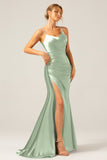 Dark Green Mermaid Corset Spaghetti Straps Pleated Long Ball Dress with Slit