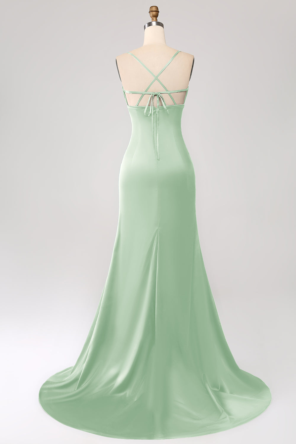 Dusty Sage Mermaid Spaghetti Straps Satin Ball Dress with Pleated