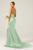 Dusty Sage Mermaid Spaghetti Straps Satin Pleated Ball Dress