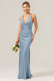 Pink Sheath V Neck Ruched Satin Long Bridesmaid Dress with Lace Up Back