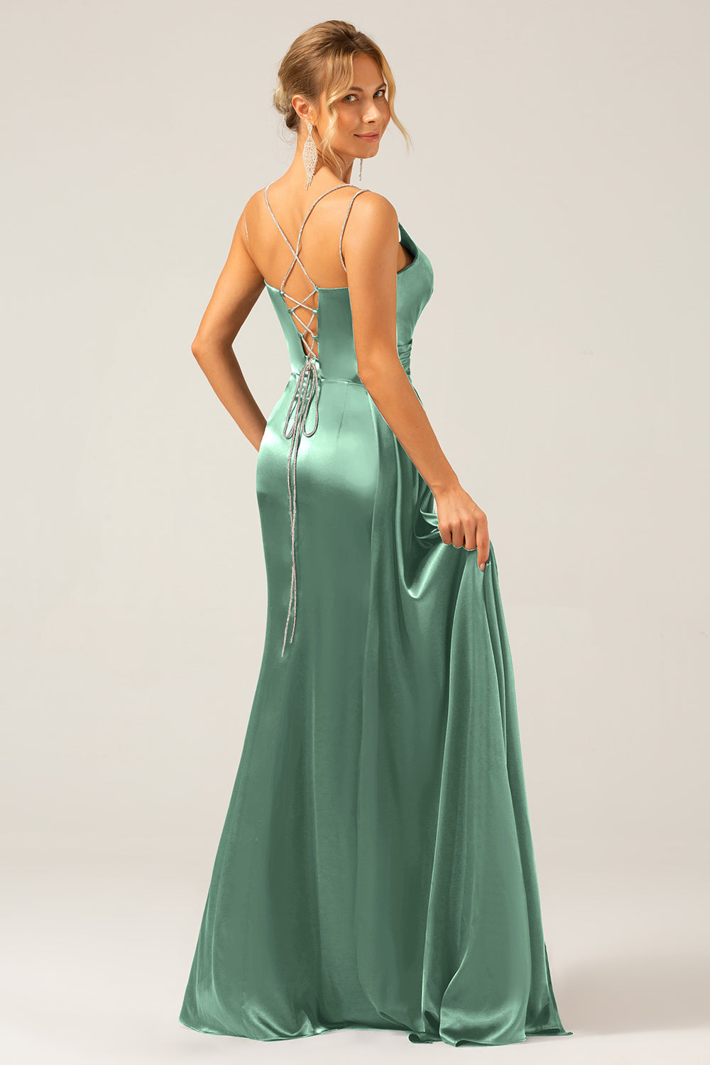 Dark Green Mermaid Corset Spaghetti Straps Pleated Long Ball Dress with Slit