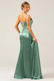 Dark Green Mermaid Corset Spaghetti Straps Pleated Long Ball Dress with Slit