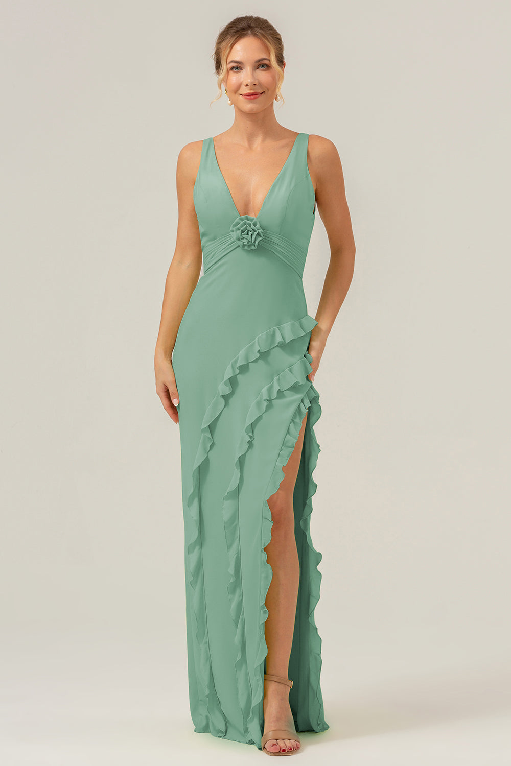 Dark Green Sheath Deep V Neck Backless Long Bridesmaid Dress with Ruffle Slit