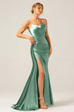 Dark Green Mermaid Corset Spaghetti Straps Pleated Long Ball Dress with Slit